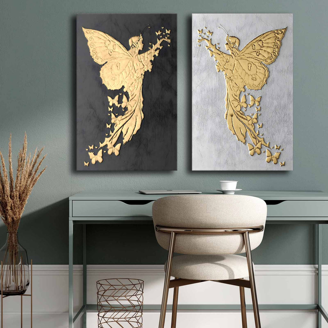 2 PIECE GOLDEN ANGELS WITH BUTTERFLY WINGS CANVAS PAINTING